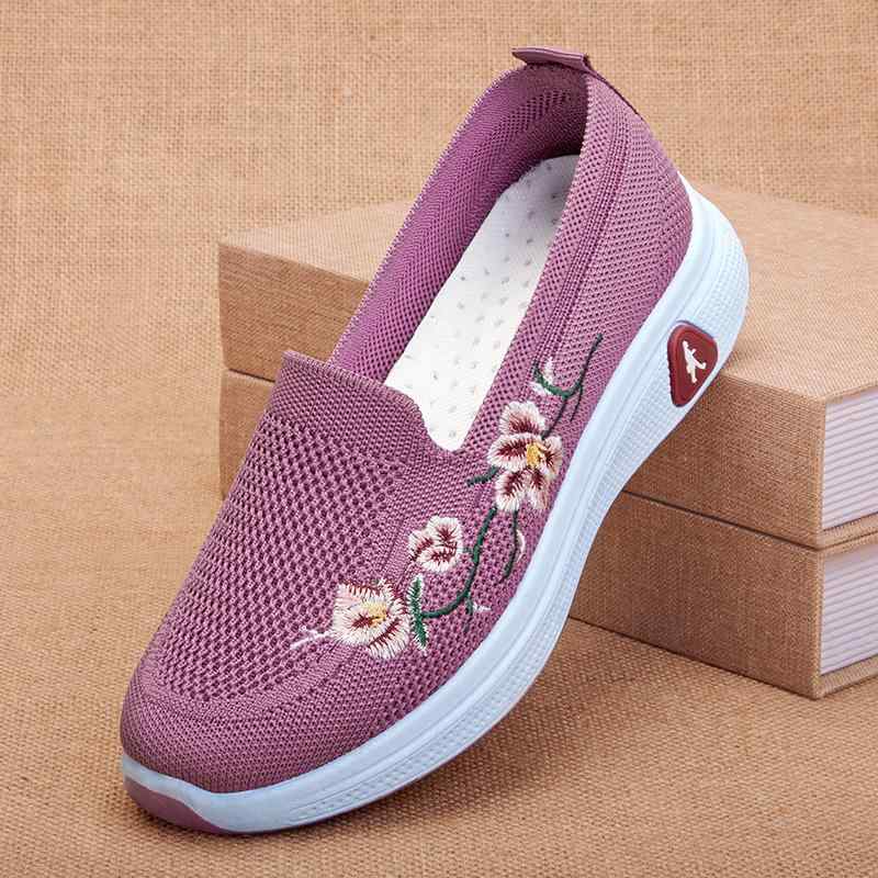 布靴 レディース 高齢者 スリッポン 柔らかい靴底 キャンバス スニーカー 花柄 パープル ブラック レッド系 35 36 37 38 39 40