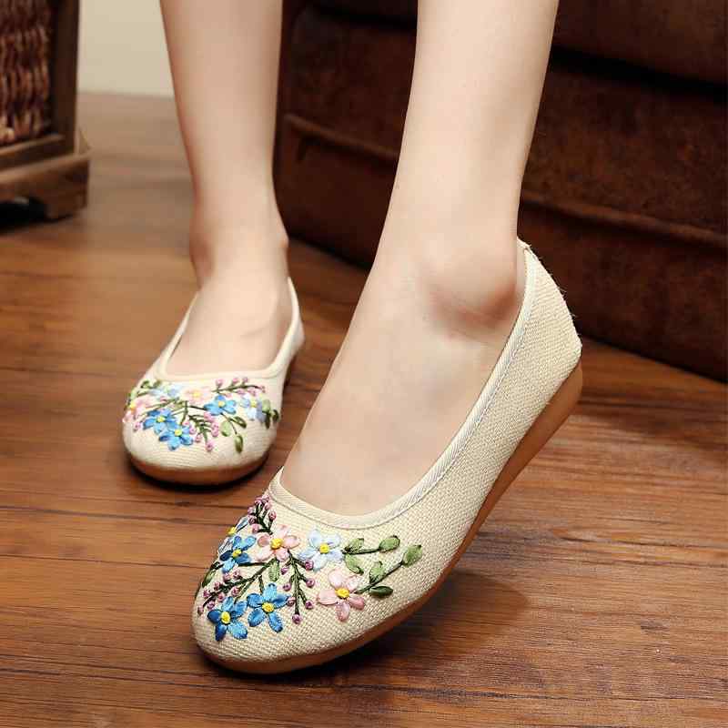 布靴 レディース ぺたんこ靴 スリッポン 民族風 キャンバスシューズ フラット ローヒール パンプス 柔らかい 通気性 滑り止め ラウンドトゥ カジュアル 春夏 秋 米白 本麻色 深藍色