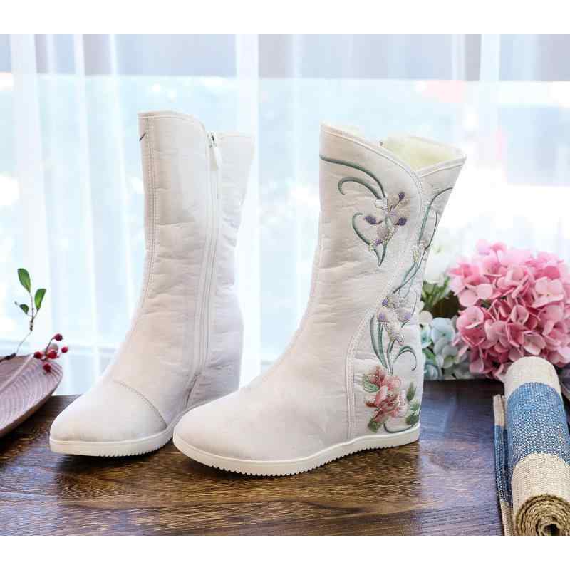 ブーツ レディース 古風 刺繍 ミドル丈 秋冬 防寒 保温 コットン 普段使い