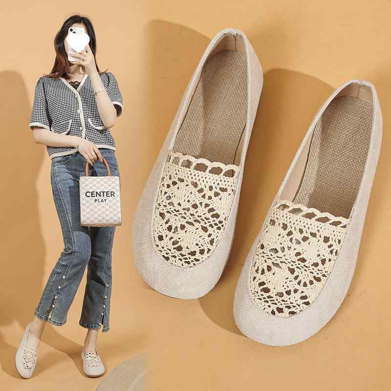 布靴 レディース 通気性 ネット メッシュ フラット ローヒール ぺたんこ靴 スリッポン 柔らかい 靴底 ..