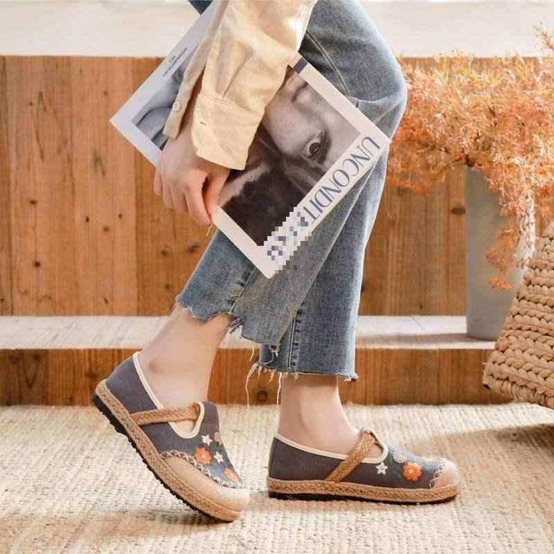 靴 レディース 麻布 刺繍 スリッポン ラウンドトゥ フラット ぺたんこ 刺しゅう 花柄 コットン リネン ゴム底 婦人靴 女性用 春夏 米白 グレー 黒