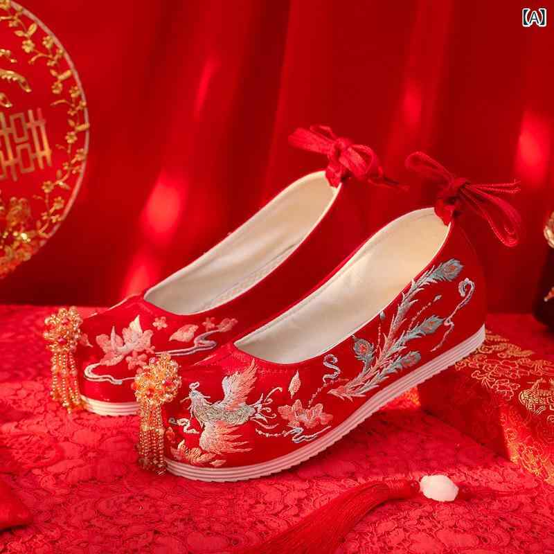靴 レディース 花柄 ウェディングシューズ 赤 秀禾靴 チャイナドレス 結婚式 披露宴 敬酒 古風 漢服 平底 ローヒール 滑り止め