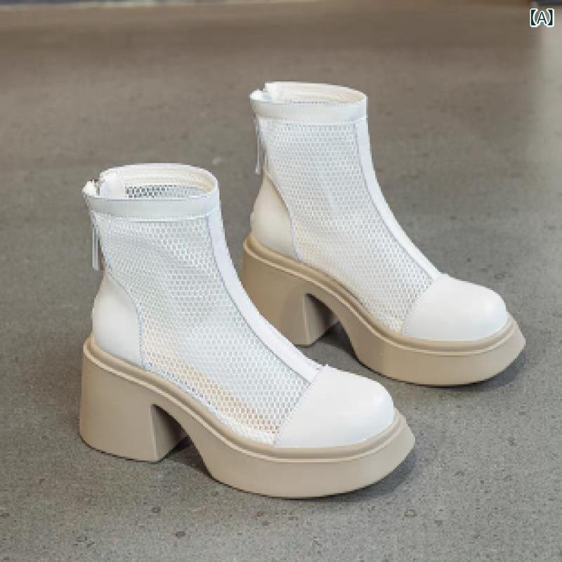 ブーツ レディース メッシュ ヌバック調 夏ブーツ 薄手 通気性 ハイヒール ショートブーツ ミドル丈 ラウンドトゥ 太ヒール バックファスナー オフホワイト ブラック(4)