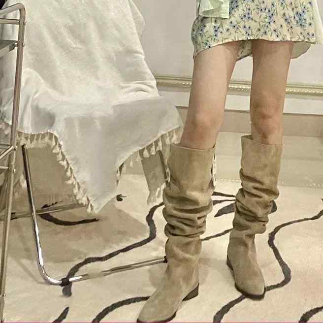 ブーツ レディース 膝丈 ロングブーツ 筒周り ゆったり 太ヒール ミドルヒール ラウンドトゥ 無地 防水 秋 カーキ ブラック