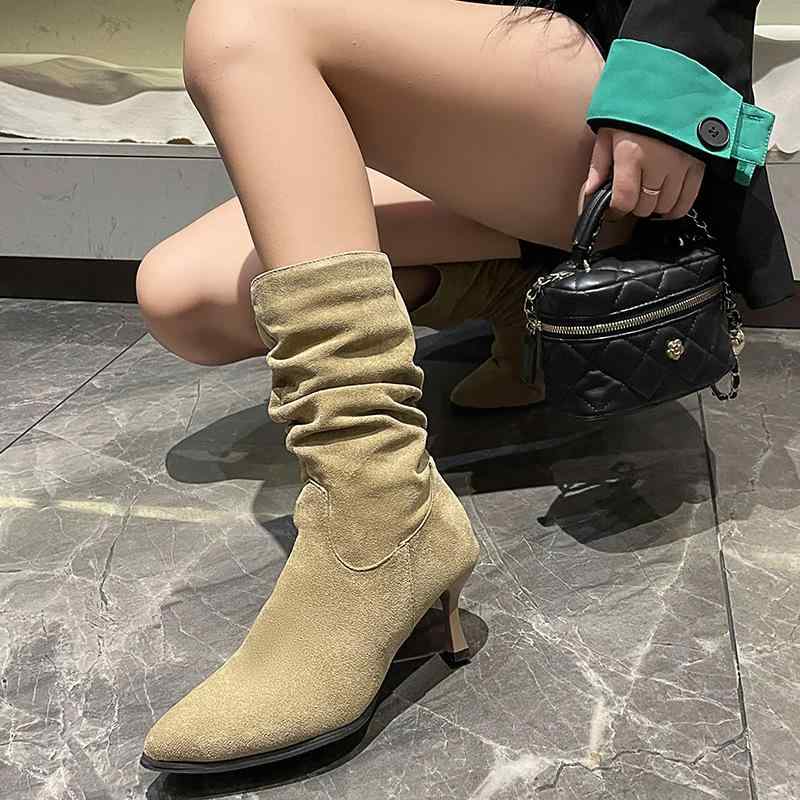 ブーツ レディース 婦人靴 ショートブーツ ウエスタンブーツ ポインテッドトゥ 細ヒール 中ヒール スエード調 伸縮性 無地 防水 春夏 秋冬 ブラック カーキ