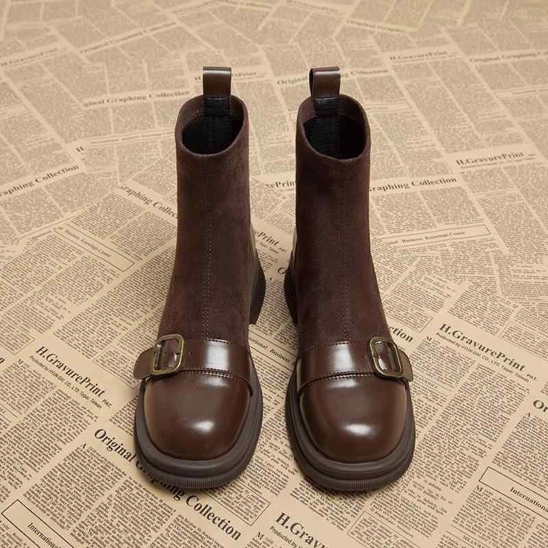 ブーツ レディース チェルシーブーツ ショートブーツ 秋冬 ストレッチ ソックスブーツ ミドル丈 チャンキーヒール ラウンドトゥ 黒 ブラック ブラウン 茶色 繊維 伸縮性