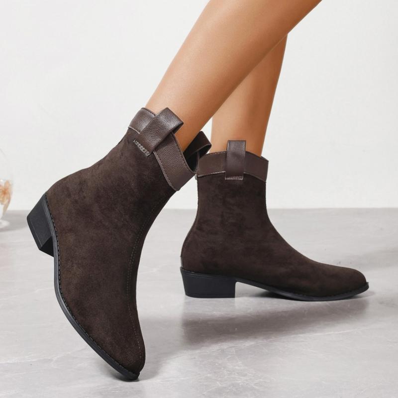 ブーツ レディース 大きいサイズ 柔らかい スエード調 レトロ ウエスタンブーツ 太ヒール ショートブーツ 秋冬 スムース ラウンドトゥ チェルシーブーツ