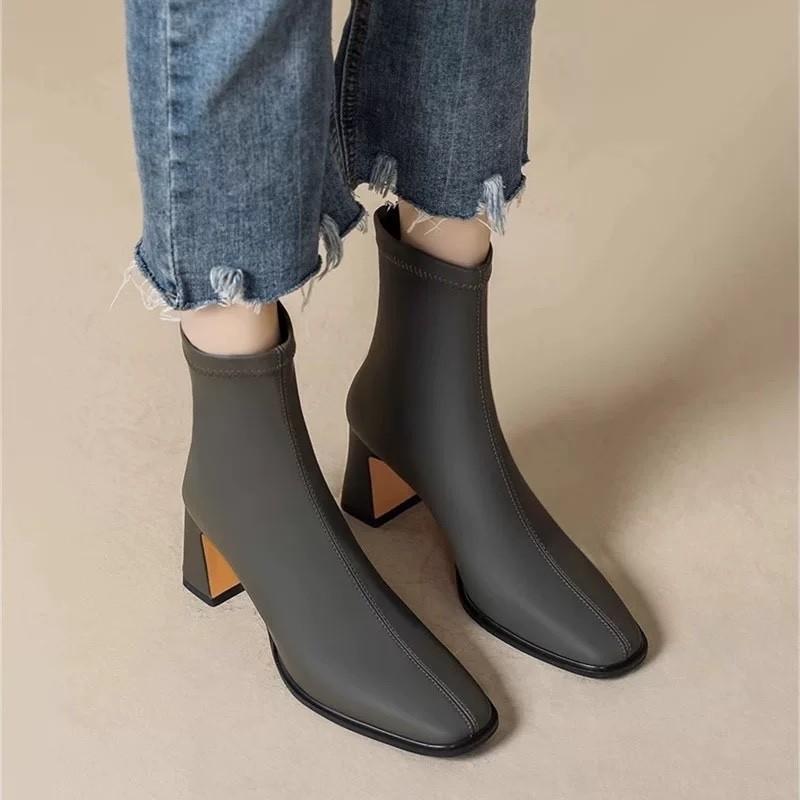ショートブーツ レディース 秋冬 スクエアトゥ チャンキーヒール ジップアップ 繊維 婦人靴 黒 ブラック 緑 グリーン