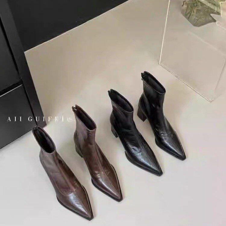 ブーツ レディース ショート 秋冬 チャンキーヒール ポインテッドトゥ ミドル丈 韓国 スエード調 履きやすい あたたかい 防寒 ブラック ブラウン