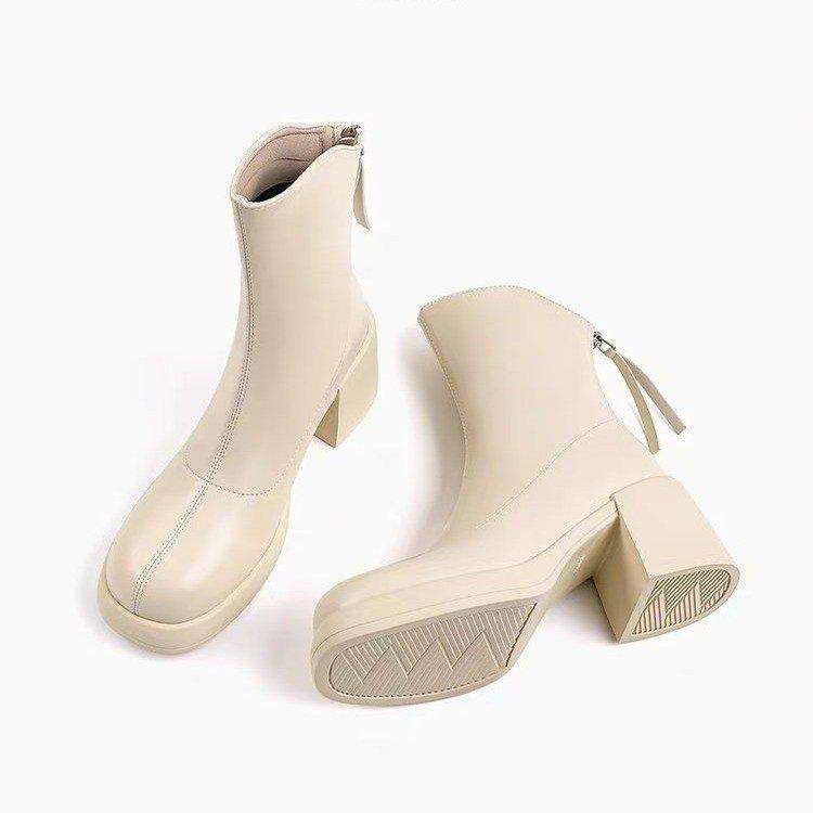 ショートブーツ レディース 秋冬 韓国 ラウンドトゥ 太ヒール 歩きやすい 履きやすい 白 黒 レザー調 伸縮性 耐摩耗性 厚底 美脚 脚長効果 カジュアル