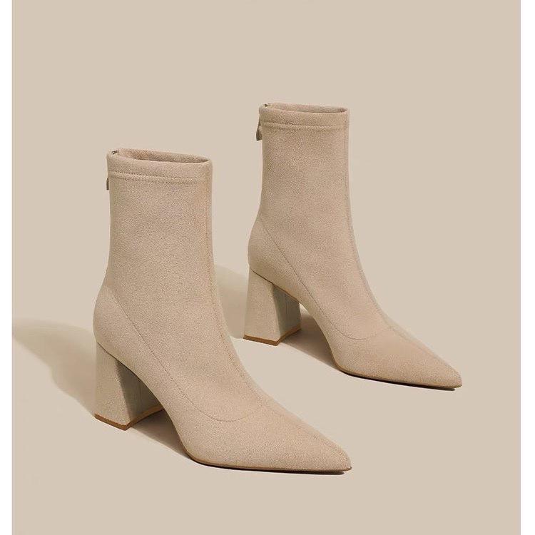 ブーツ レディース ショートブーツ ポインテッドトゥ 太ヒール ハイヒール 6cm~8cm 伸縮性 ストレッチ ソックスブーツ 春秋 黒 白 肌色 フェイクレザー スエード