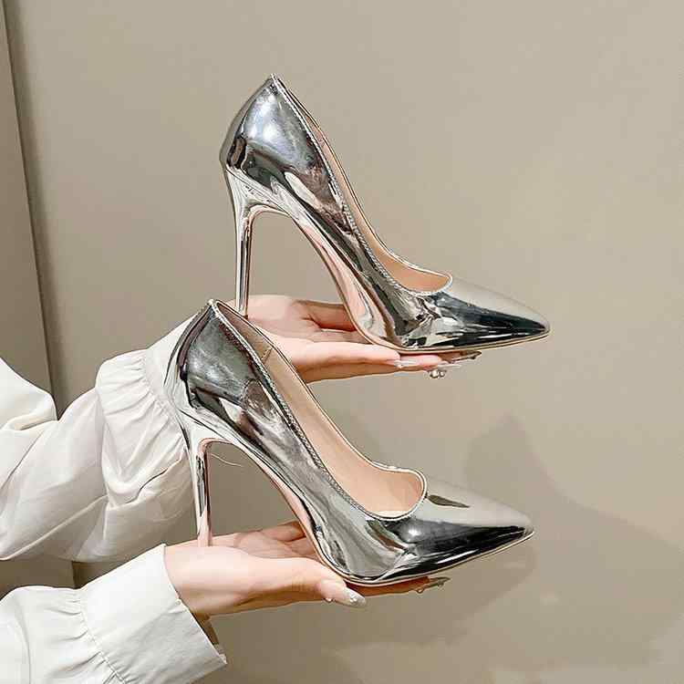 パンプス レディース ポインテッドトゥ ピンヒール スリップオン ハイヒール 8cm 10cm PUレザー 無地 ゴールド シルバー 秋 42 43