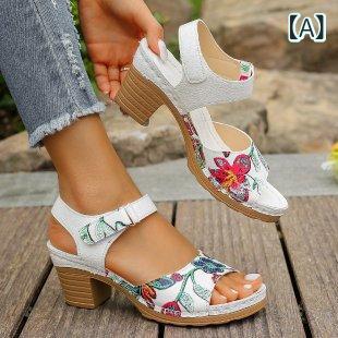 サンダル レディース 大きいサイズ ストラップ チャンキーヒール フィッシュマウス 魚の口 カジュアル レトロ PUレザー 春夏 ホワイト ブラック