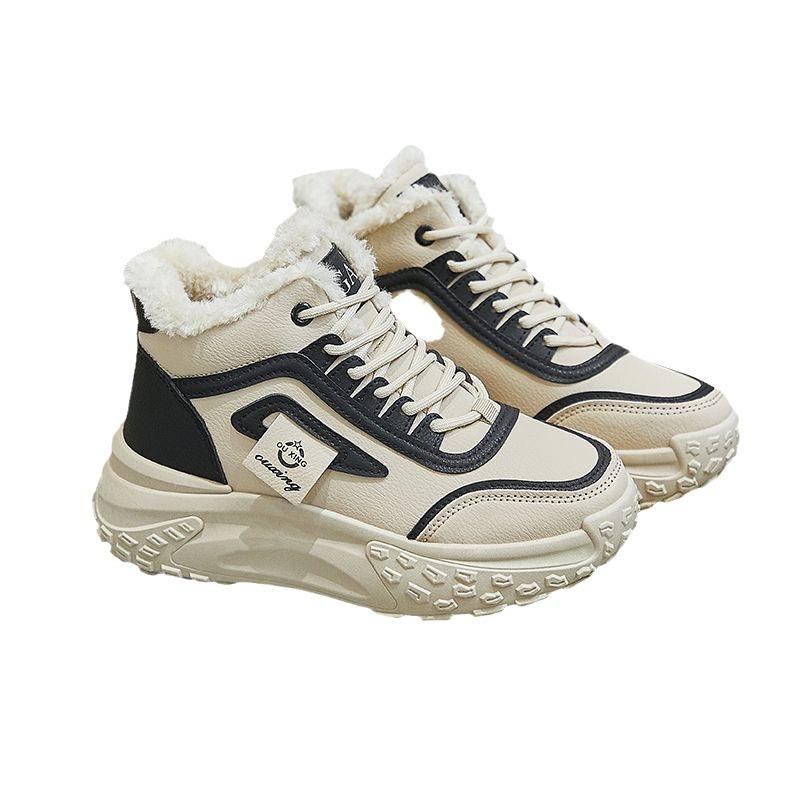 楽天YKsakaiスニーカー レディース 防寒 ショートブーツ 厚底 スポーツ 運動靴 ローカット ベルベット 配色 黒 ブラック 白 ホワイト ベージュ（x2）