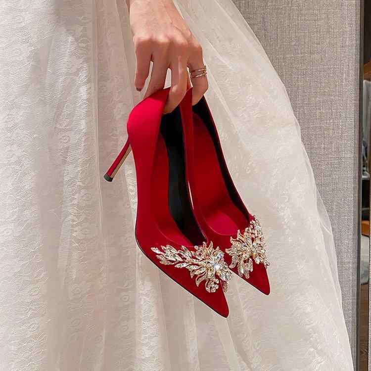 パンプス レディース ウェディングシューズ ハイヒール ポインテッドトゥ ピンヒール 結婚式 新婦 赤 ..