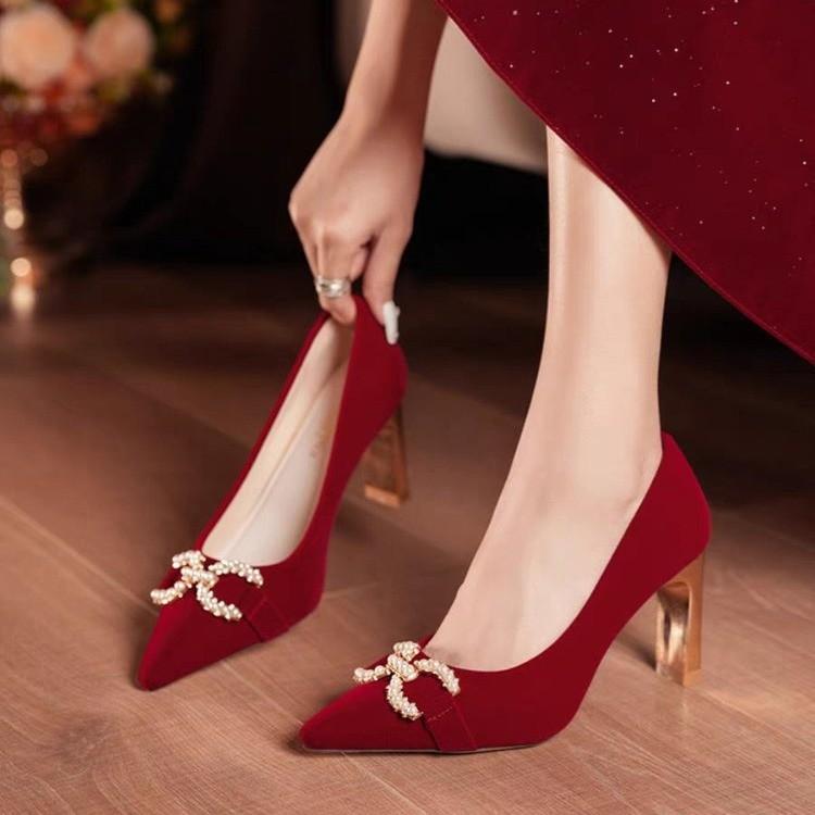 パンプス レディース ウェディングシューズ スエード ポインテッドトゥ ラインストーン パール メタル..