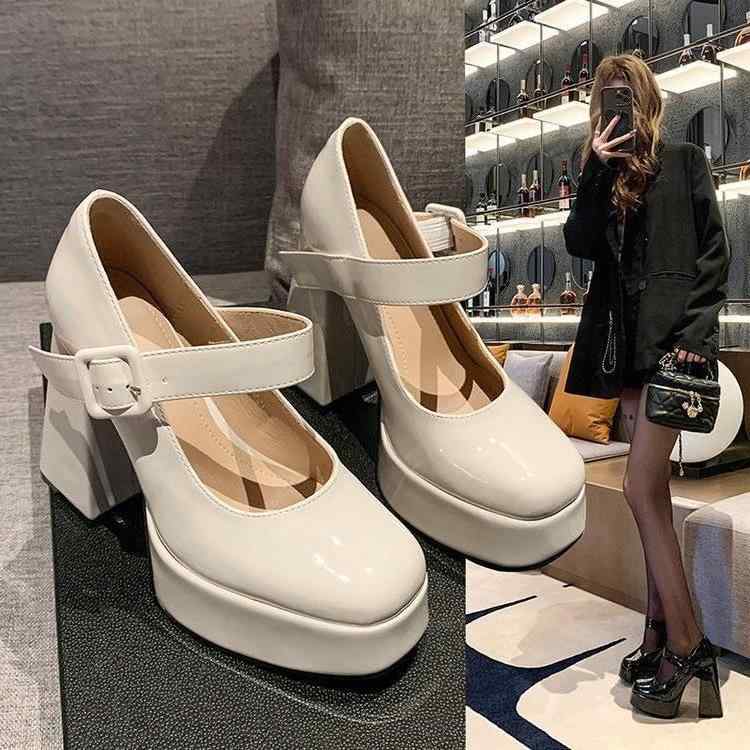マリージェーン レディース パンプス チャンキーヒール スクエアトゥ ハイヒール 12cm 9cm 春夏 秋 無地 PUレザー ブラック 黒 アイボリー オフホワイト レトロ パーティー(x2)