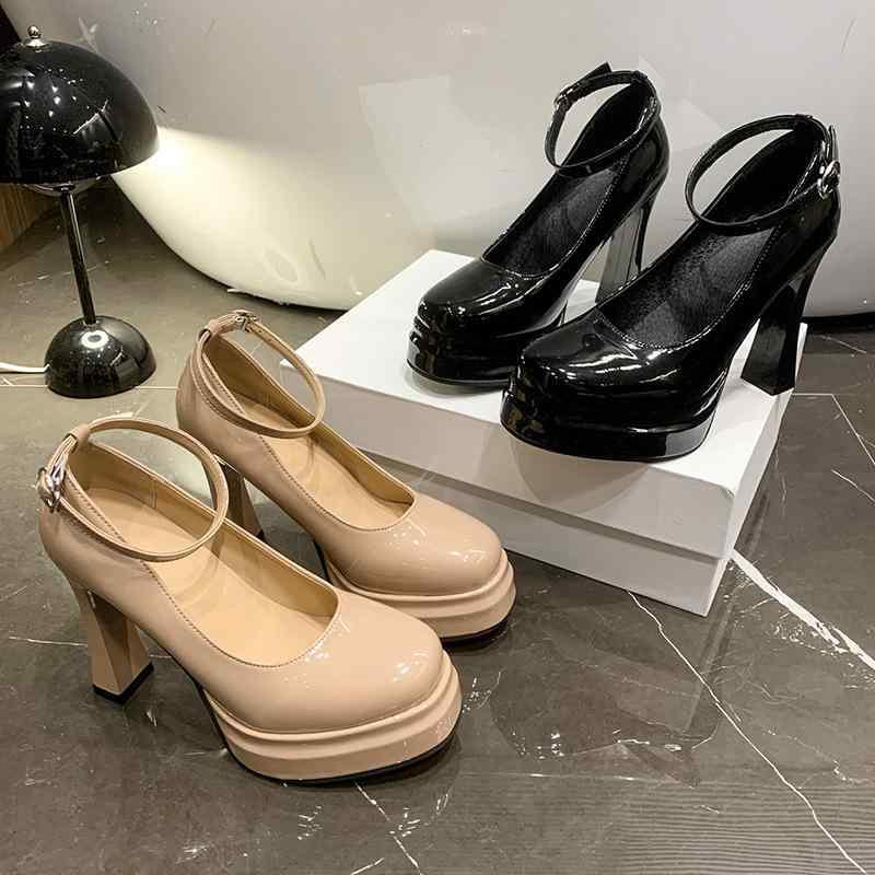 パンプス レディース 小柄 ヌードカラー ハイヒール 太ヒール 疲れにくい エナメル ハイヒール 防水 ラウンドトゥ カジュアル 一文字ストラップ 春夏