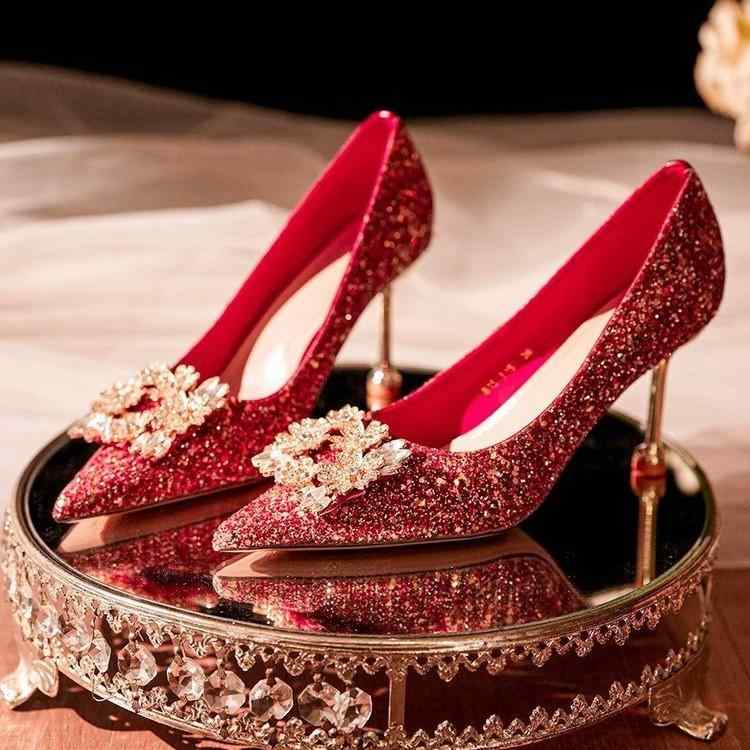 ウェディングシューズ レディース 春秋 ラインストーン 花柄 ポインテッドトゥ ハイヒール 太ヒール 結..