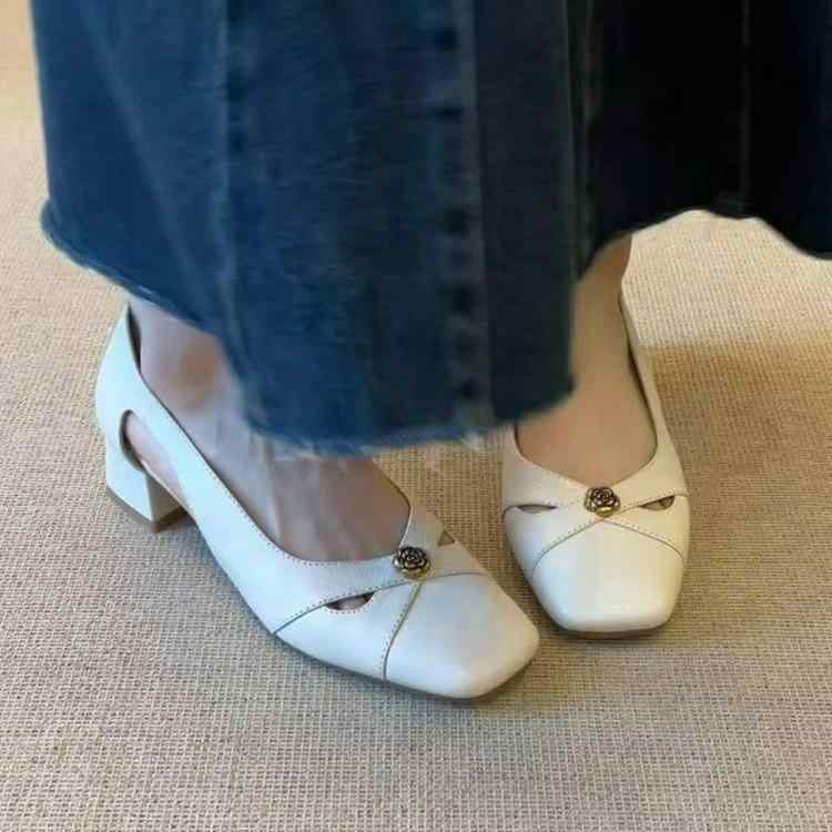 パンプス レディース 羊革 マリージェーン スクエアトゥ 太ヒール ローヒール スリッポン 無地 春夏 白