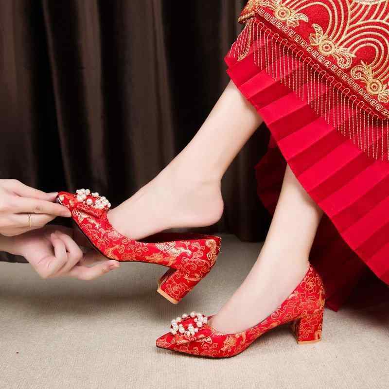 ウェディングシューズ レディース 結婚式 チャイナドレス 靴 赤 ハイヒール 太ヒール 刺繍 花嫁 シュー..