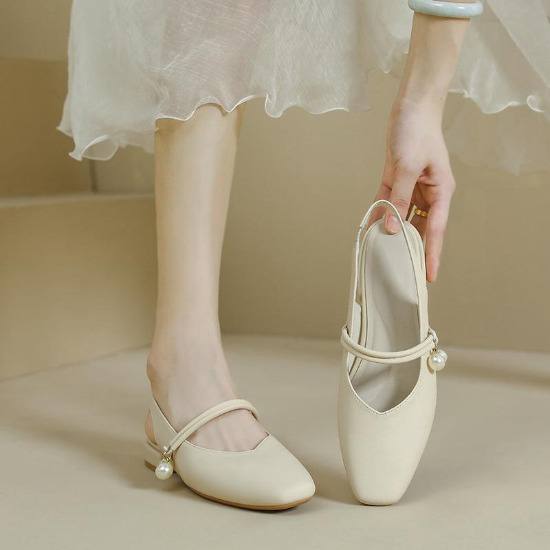 サンダル レディース マリージェーン スクエアトゥ 太ヒール バックストラップ チャンキーヒール フェミニン かわいい 杏色 春夏