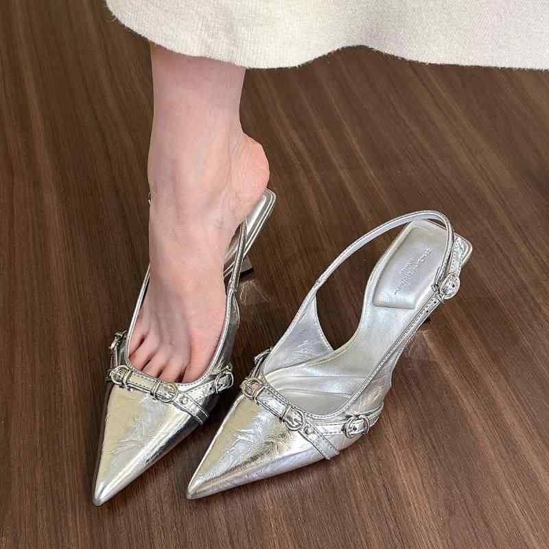 サンダル レディース シルバー ポインテッドトゥ バックストラップ 春夏 繊維 3cm-6cm チャンキーヒール 華奢見え 美脚効果 シルバー 黒