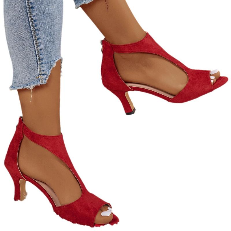 サンダル レディース 魚口 ハイヒール チャンキーヒール スエード調 後ろファスナー レッド ブラウン ブラック ベージュ 春夏 6cm 7cm 8cm(4)