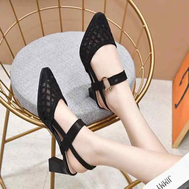 サンダル レディース ハイヒール ポインテッドトゥ PUレザー メッシュ ラインストーン バックストラップ オープントゥ ブラック ゴールド かわいい 韓国(x2)