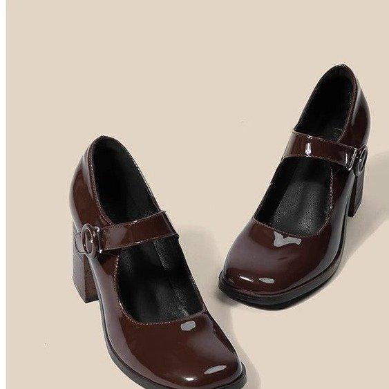 メリージェーン レディース レトロスタイル パンプス 太ヒール スクエアトゥ PUレザー ローカット 婦人靴 ブラック コーヒー色