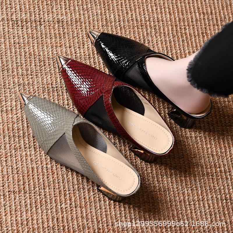 サンダル レディース 婦人靴 ミュール スリッパ ポインテッドトゥ 太ヒール チャンキーヒール PUレザー 合成皮革 メッシュ 3-6cm ブラック 黒 グレー ワインレッド