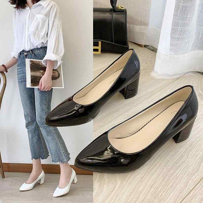 高跟パンプス レディース チャンキーヒール ミドルヒール ポインテッドトゥ 無地 フェイクレザー 合皮 ブラック ホワイト ピンク系(x2)