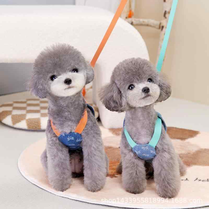 犬用 牽引ロープ ハーネス 小型犬 中型犬 デニム リード 伸縮 散歩 浅色ブルー 深色