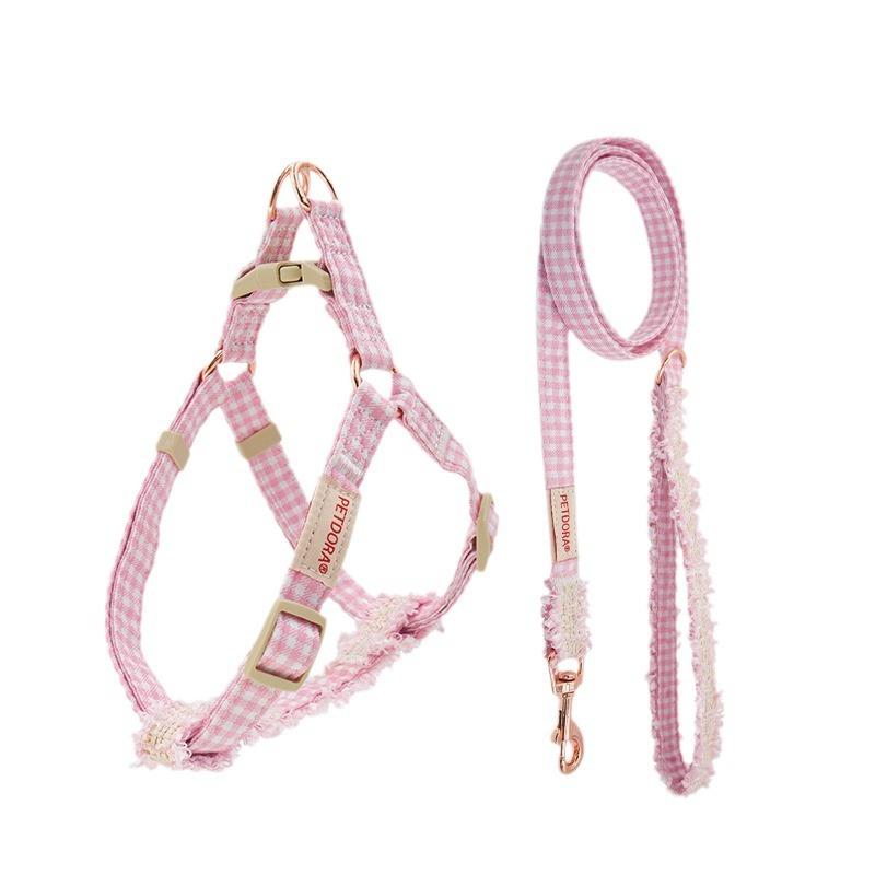 首輪 リード 小型犬用 ハーネス チェック柄 フリル かわいい 布製 ピンク イエロー ブルー ブラック(x6)