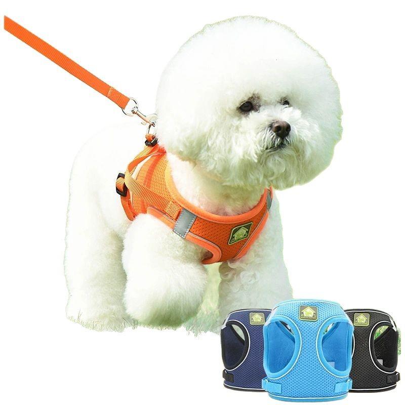 ハーネス 小型犬用 伸縮リード付き ポリエステル製 反射素材 通気性 胴輪 ペット用品 オレンジ 紺色 ピンク ブラック ブルー レッド S M L