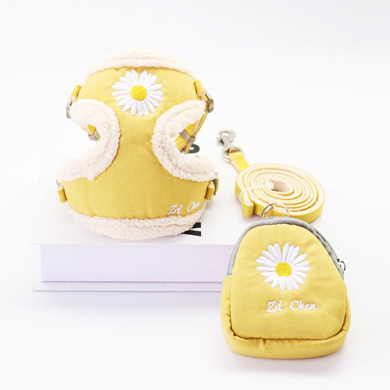 ハーネス リード 犬用 猫用 刺繍 菊花 ペット牽引縄 ベスト式 胴輪 小型犬 中型犬 ナイロン ブルー イエロー ピンク系 グレー(x2)