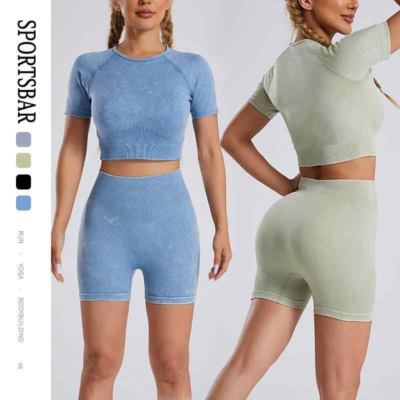 ヨガウェア レディース 上下セット 2点セット スポーツウェア トレーニングウェア ランニングウェア タイト 無縫製 吸湿速乾 ストレッチ ショートパンツ 半袖 ブラック ブルー グリーン3