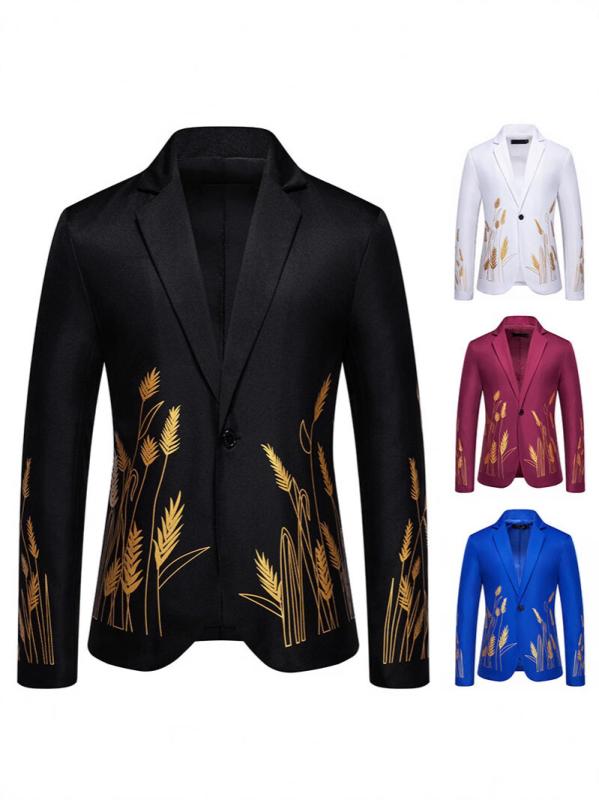 ジャケット 男性用 大サイズ ビジネス フォーマル 麦穂柄 プリント ポリエステル 長袖 ブラック ホワイト ブルー ワインレッド 大きいサイズ3