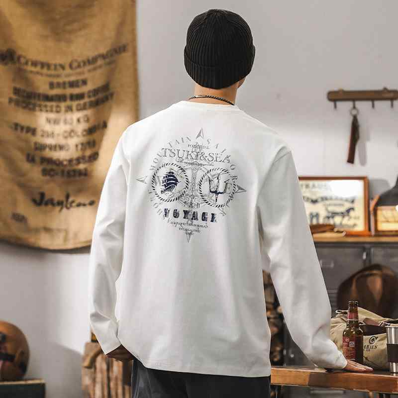 Tシャツ メンズ 長袖 秋物 アメカジ風 プリント トップス ゆったり 綿 米白 酒紅