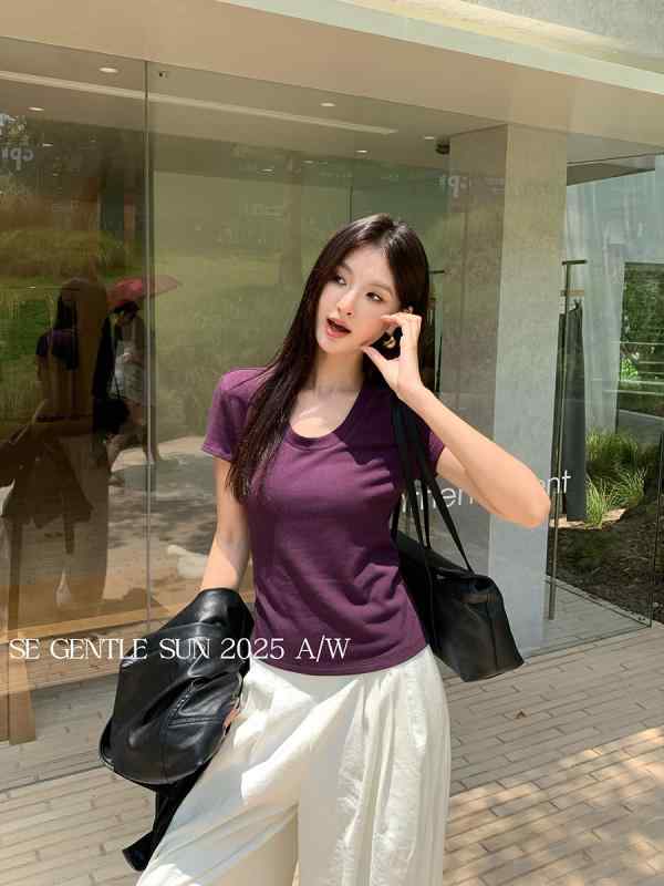 3Tシャツ レディース ニット 半袖 トップス 秋冬 丸首 無地 スリム 伸縮性 ストレッチ 普段使い レーヨン 混紡 ネイビー パープル ワインレッド ダークグレー コーヒー