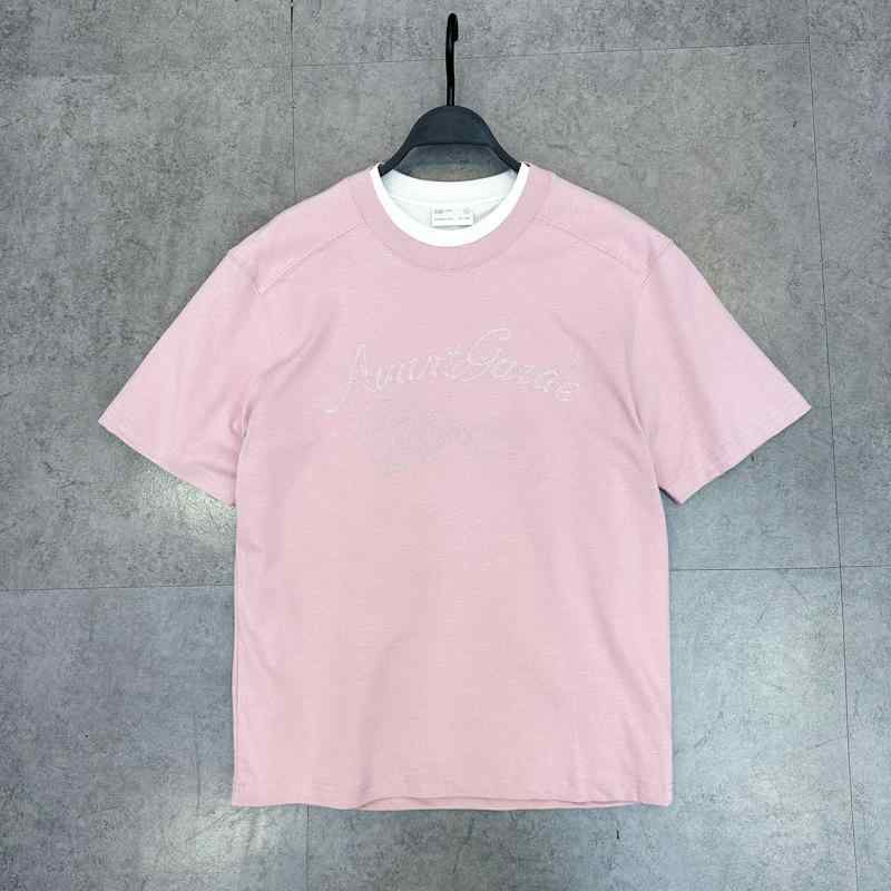 Tシャツ 男性用 ストリート系 バタフライ 刺繡 コットン混紡 ルーズフィット ドロップショルダー 半袖 Tシャツ ピンク系 春夏