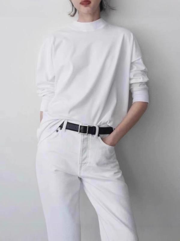 Tシャツ レディース 長袖 高支匹马綿 ラウンドネック トップス プルオーバー カットソー ゆったり 無地 シンプル カジュアル 通勤 ホワイト ブラック