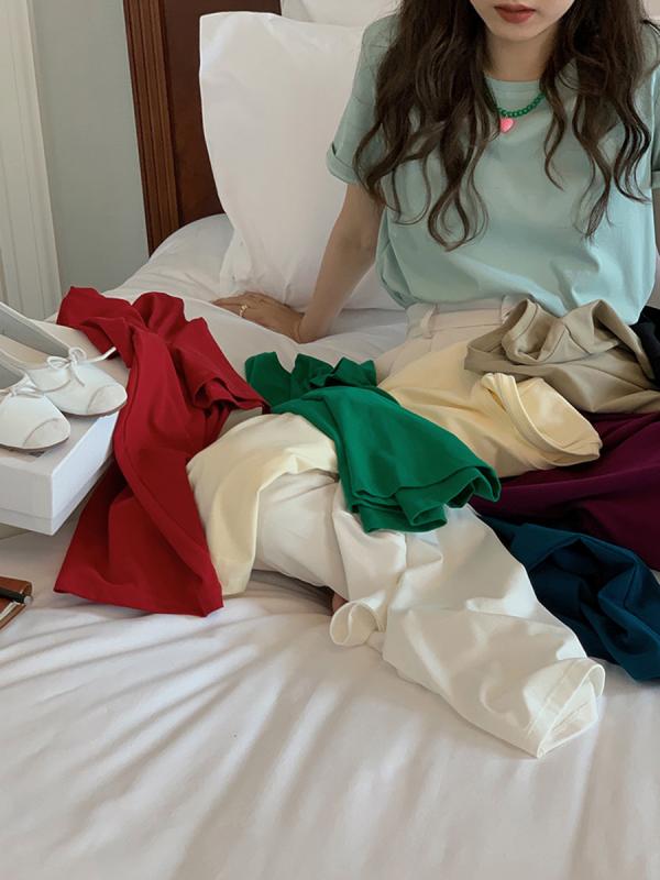 Tシャツ レディース カットソー 半袖 ラウンドネック コットン混紡 無地 カジュアル トップス プルオーバー 花灰 皮粉 深玫红 蜜桃粉 丁香紫 アイスコーヒー 奶黄 黎黒 莹白 海藍 エメラルドグリーン 米驼 水绿 瓷藍 クリーム杏 日韓スタイル リ