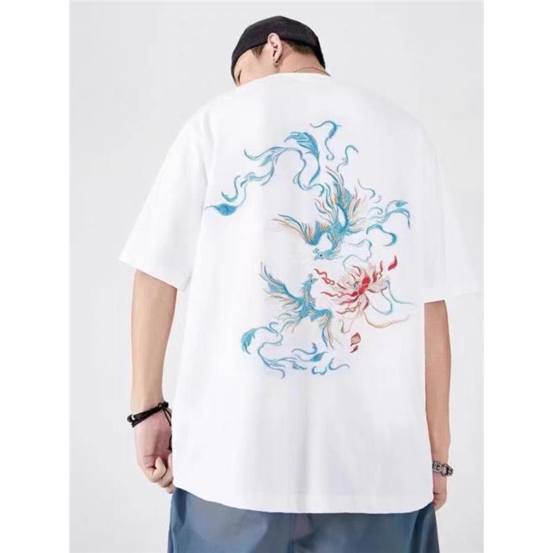 乐天商城 - Tシャツ 男性用 大きいサイズ 半袖Tシャツ ラウンドネック カットソー 刺繍 中国風 コットン トップス 普段使い 部屋着 ブラック ホワイト系