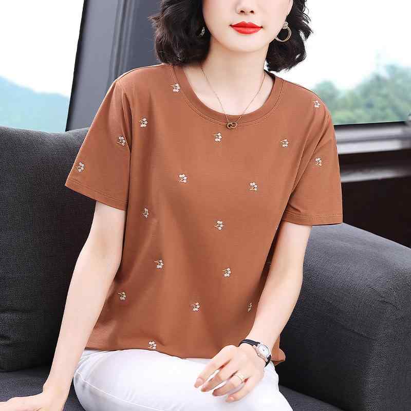 Tシャツ レディース 半袖 丸首 ゆったり 綿 刺繡 焦糖色 西瓜红 ピンク系 日韓風 カジュアル トップス 普段使い 部屋着3