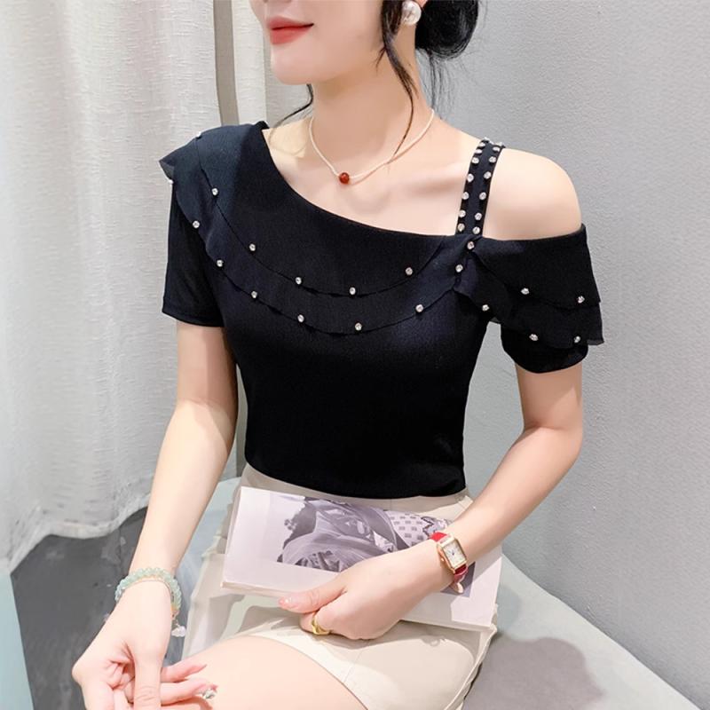 Tシャツ レディース 半袖 チュール トップス 接触冷感 ドロップショルダー 飾りボタン 無地 ブルー ブラック ピンク系 修身 エレガント 通勤