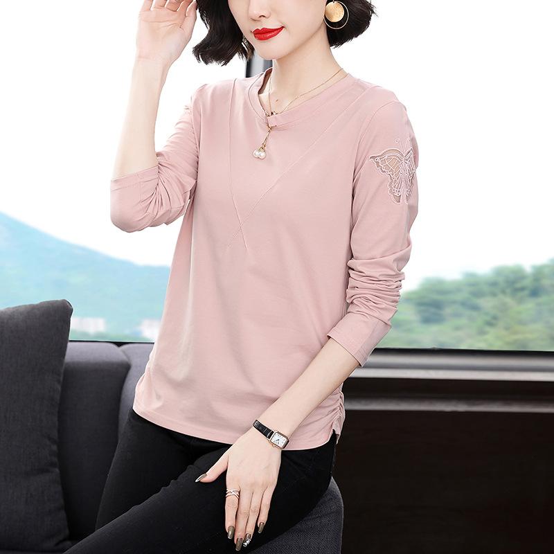 乐天商城 - Tシャツ レディース 大きいサイズ ラウンドネック トップス 綿 長袖 無地 ゆったり 普段使い 通勤 黄色 ピンク系 カラメル色