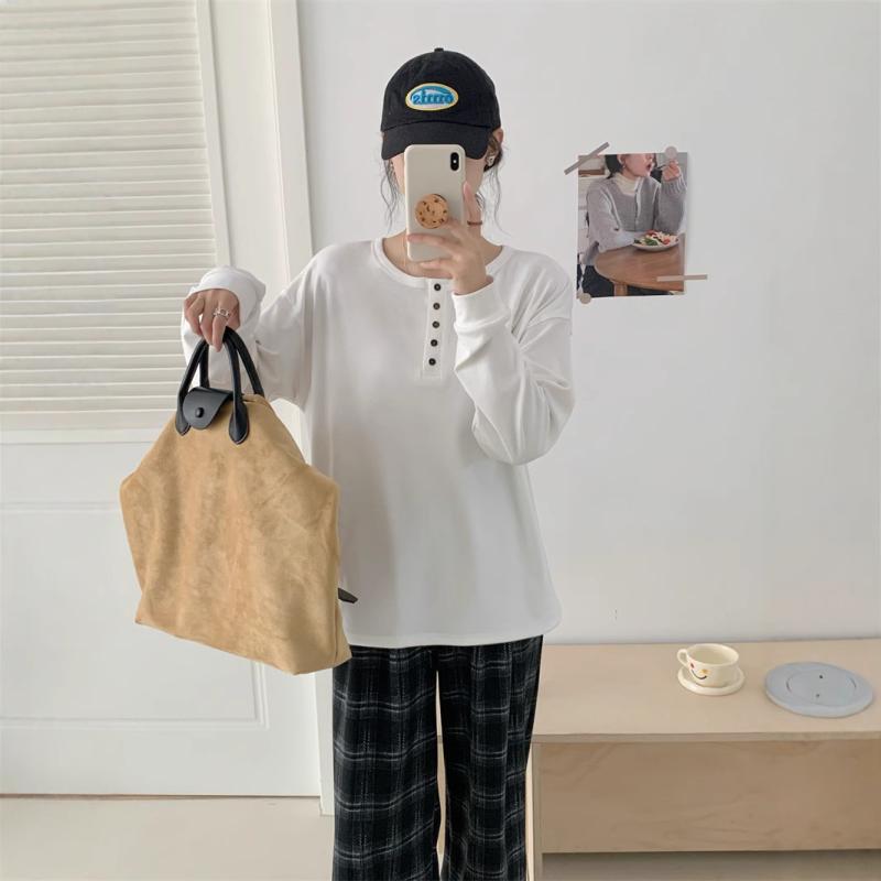 Tシャツ レディース 秋冬 長袖 ラウンドネック 5つボタン ゆったり チュニック丈 カットソー ポリエステル 無地 ブラック ホワイト グレー ネイビー 韓国