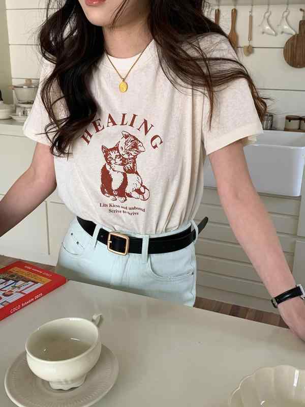 Tシャツ レディース かわいい 猫 プリント 半袖 コットン ゆったり ラウンドネック ピンク系 ホワイト系 カジュアル 通勤 春夏