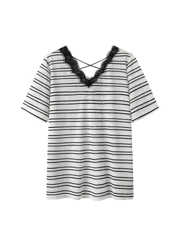 Tシャツ レディース 半袖 Vネック レース 花柄 ボーダー柄 ニット 接触冷感 薄手 ゆったり トップス カットソー